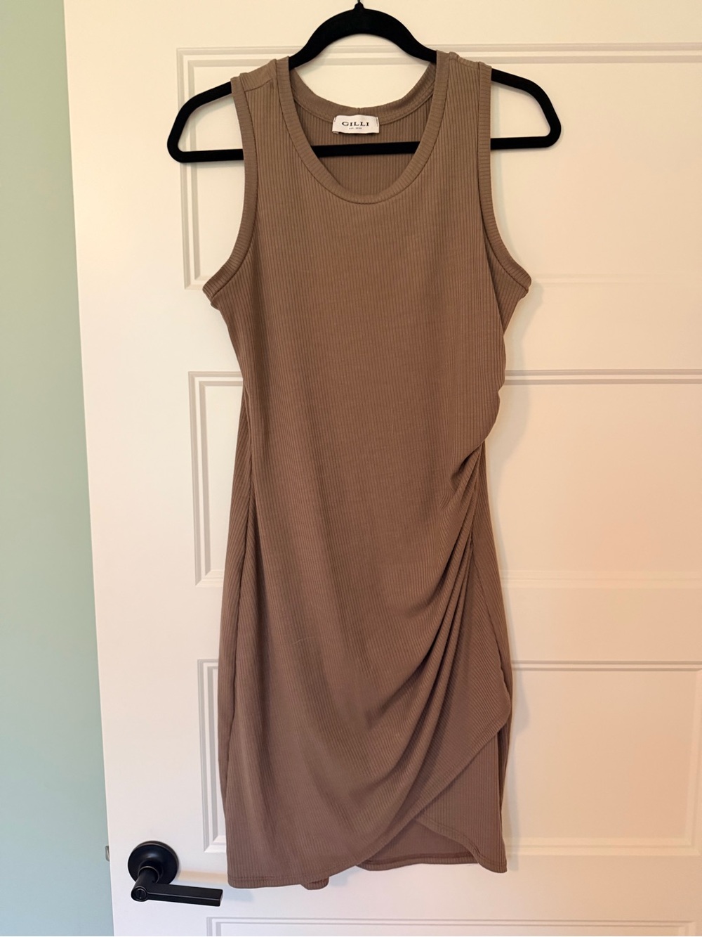 Gilli Taupe Sleeveless Ribbed Bodycon Dress with Side Drape